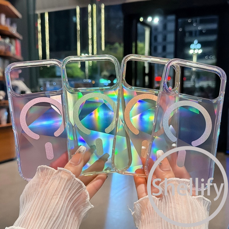 เปลือก หรูหรานีออนไล่โทนสีแม่เหล็กโปร่งใสเคสโทรศัพท์เหมาะสําหรับ ไอโฟน 13 14 15 16 17 มือโปร สูงสุด ตารางเพชรเลเซอร์รวมทุกอย่างป้องกันการตกฝาครอบซิลิโ