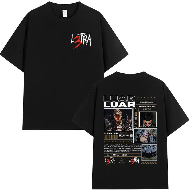 เสื้อยืดแร็ปเปอร์ Luar La L อัลบั้มเพลง L3TRA สำหรับผู้ชายและผู้หญิง แฟชั่นฮิปฮอป แขนสั้น เสื้อยืดวิ