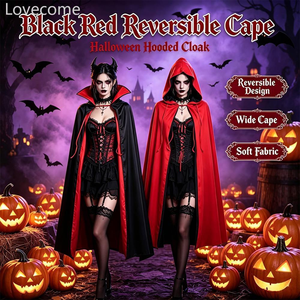 Lovecome Stand Collar Vampire Cape สีแดงสีดํา Reversible Hooded Cloak ผู้ใหญ่เด็กฮาโลวีนเครื่องแต่งก
