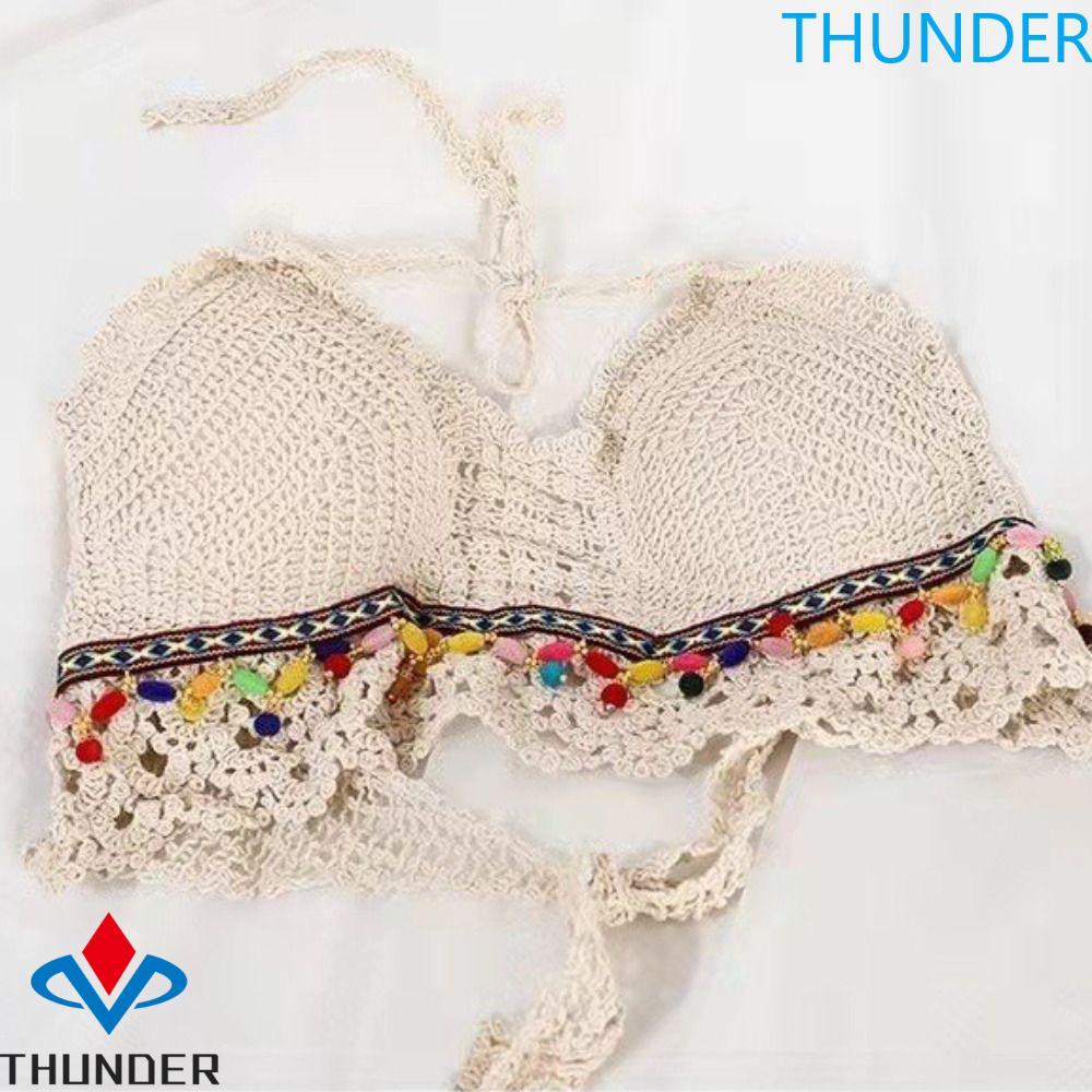 THUNDER หญิงโครเชต์ Camisole, แขนกุด Slim เสื้อกั๊กสไตล์โบฮีเมียน, พู่สั้นหวาน V คอถัก Crop Tops ผู้หญิง