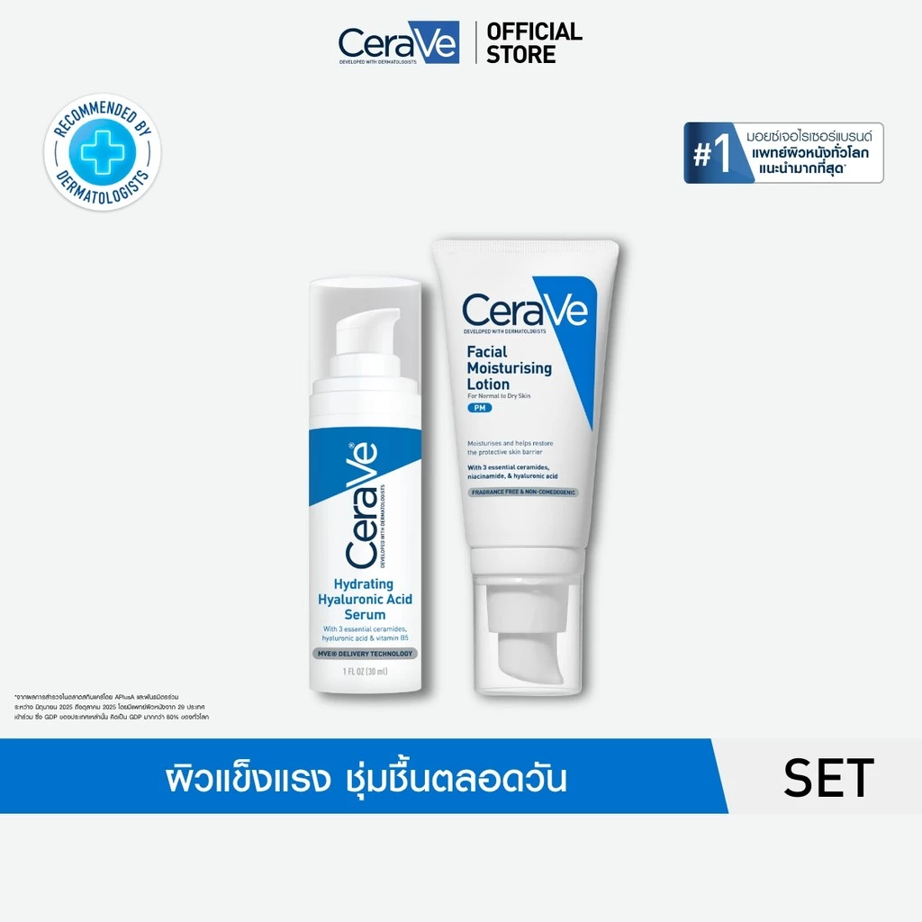 [เซตสุดคุ้ม] เซราวี Cerave Hyaluronic Acid Serum บำรุงผิว 30ml. และ Facial Moisturizing Lotion มอยเจอร์ไรเซอร์ 52ml.