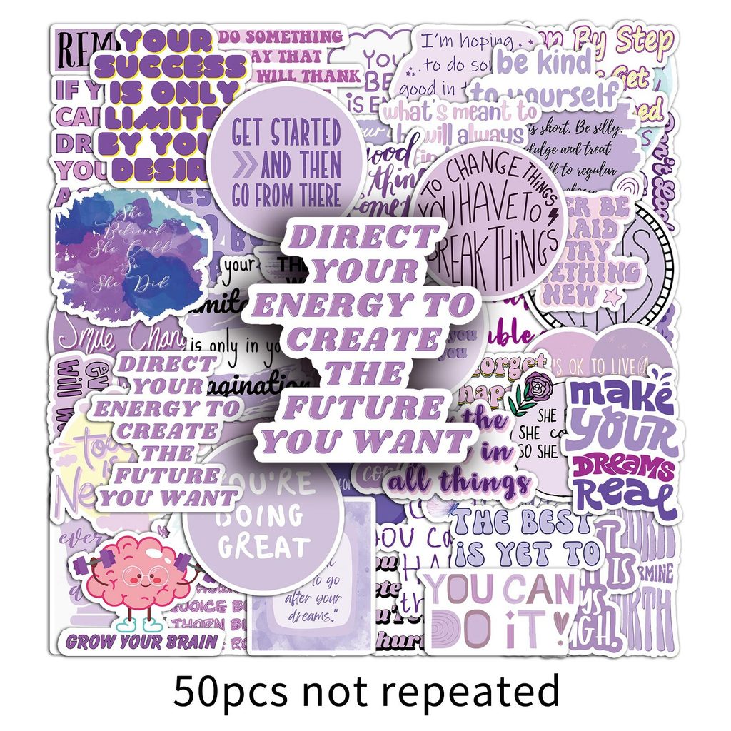 50ชิ้นสีม่วงแรงบันดาลใจภาษาอังกฤษสติกเกอร์,บวกพลังงานประโยคสั้นสติ๊กเกอร์กันน้ําสําหรับวารสารและคุกะการ์ด ทําเอง ความงามตกแ