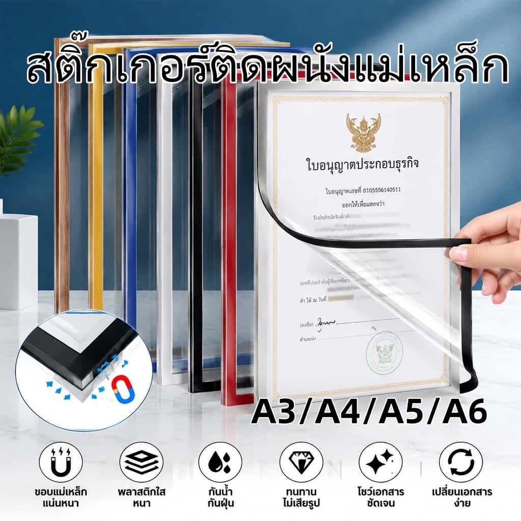 กรอบติดผนังซองใส่เอกสาร ขอบแม่เหล็ก ไม่เจาะ มีกาวในตัว ขนาด A3 A4 A5 A6 ป้ายแสดงเอกสาร