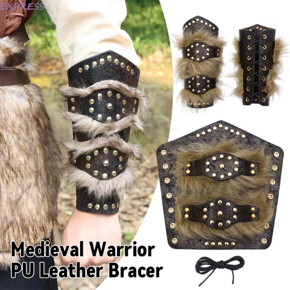 EXPRESS ไวกิ้งข้อมือยาม,หนัง Faux ปรับ Barbarian ข้อมือยาม, Retro สามสาย LARP ตุ๊กตาเกราะยามข้อมือ COSPLAY Props