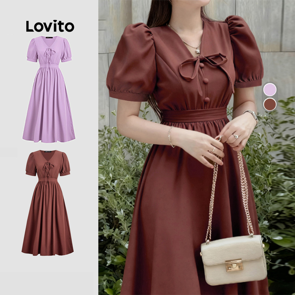 Lovito สง่างาม ชุดเดรสวินเทจ ซิปสีน้ําตาล สําหรับฤดูใบไม้ผลิ/ฤดูร้อน สําหรับผู้หญิง LK2ED160