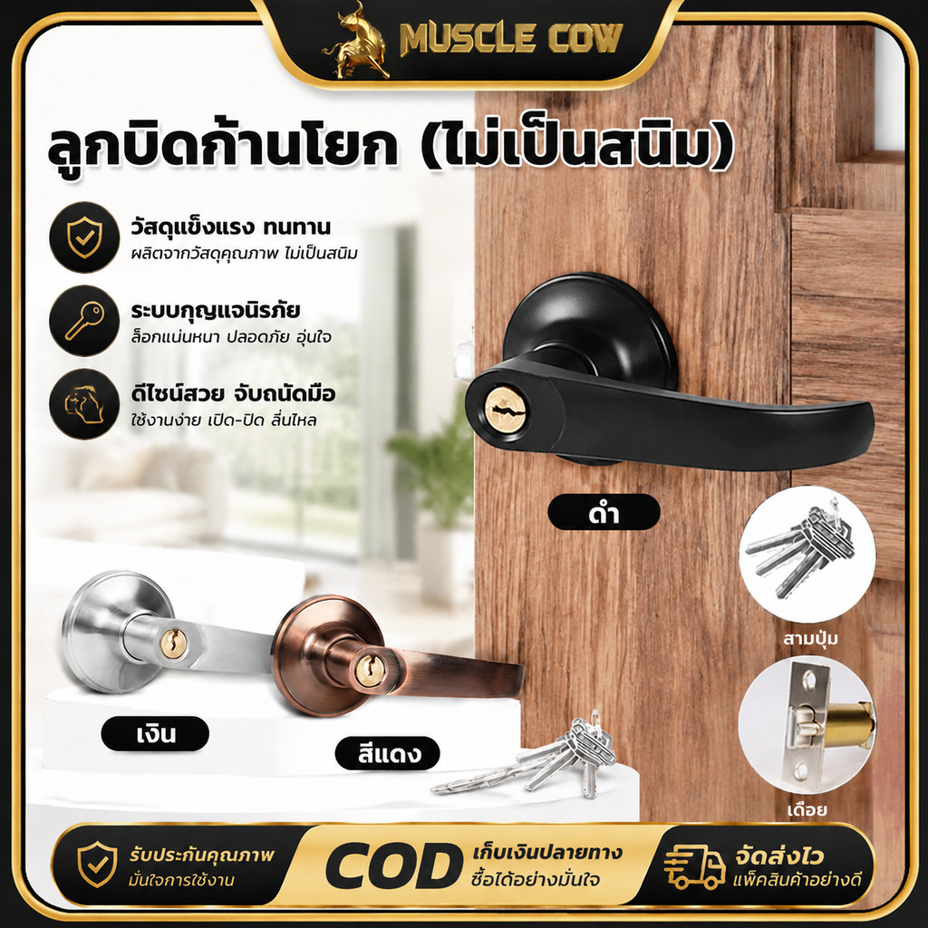 MUSCLE COW ลูกบิดก้านโยก ไม่เป็นสนิม 3 สีให้เลือก ใช้กับประตูบ้านได้ คุณภาพดี COD