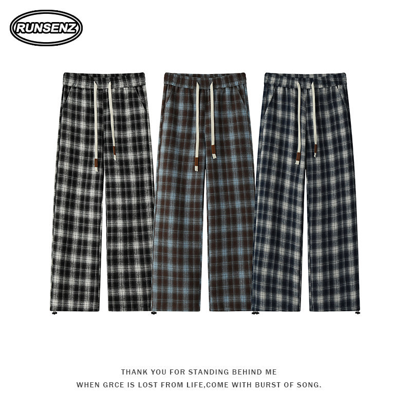 M‐5XL Vintage Plaid Drawstring Wide-Leg Pants Men Plus Size Loose Casual Convertible Pants