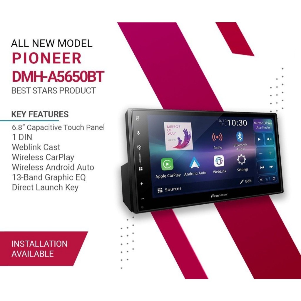 PIONEER DMH-A5650BT หน้าจอ 6.8 นิ้ว หน้าจอสัมผัส เชื่อมต่อ Apple CarPlay , Android Auto แบบไร้สาย