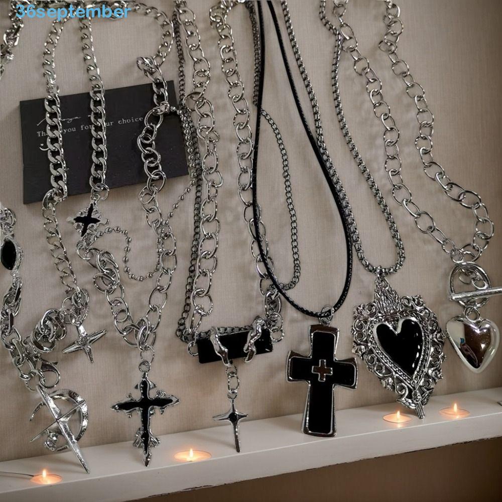 SPAPTEMBER Punk Rock สร้อยคอ,สีดําหัวใจสังกะสี 90 S Y2K สร้อยคอ,แฟชั่น Cool เสื้อกันหนาว Gothic Cros