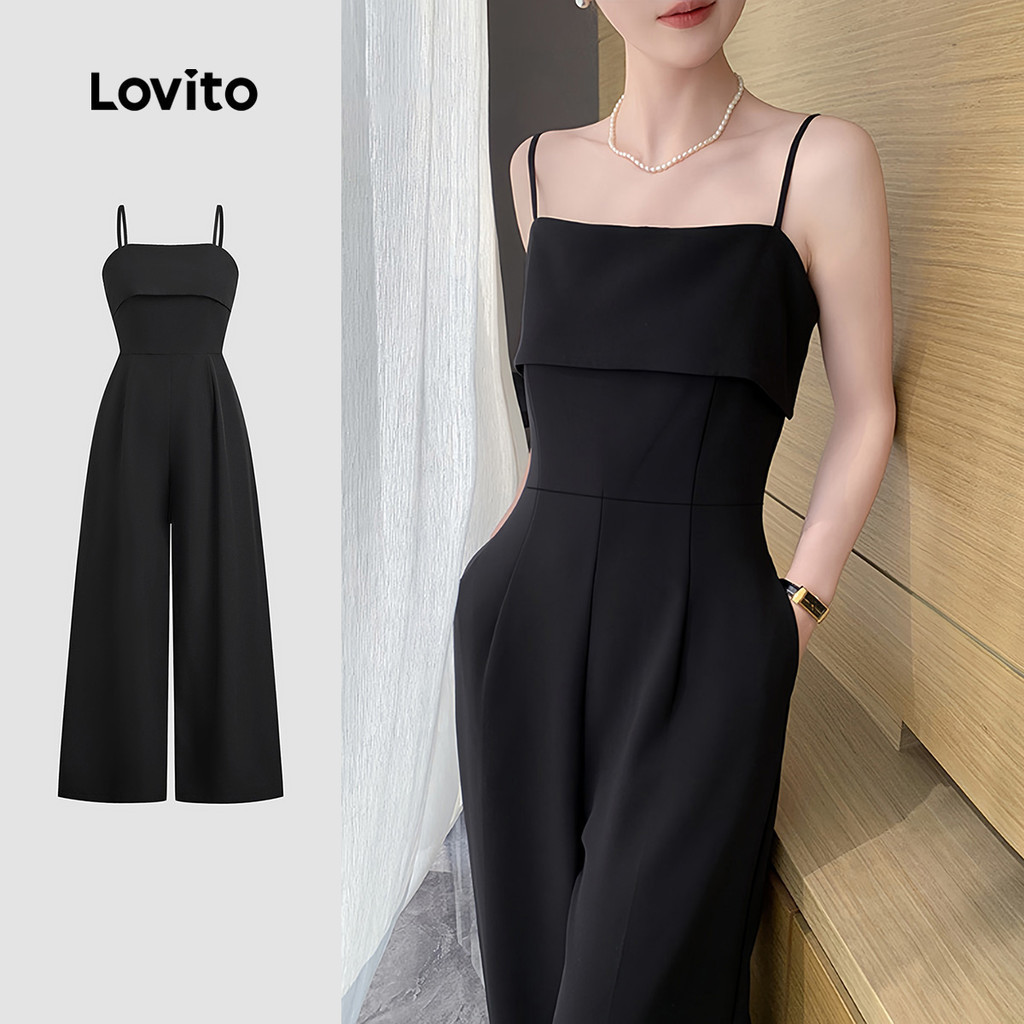 Lovito สง่างาม ชุดจั๊มสูทสีดำเรียบหรูสำหรับใส่ทำงาน สไตล์คลาสสิกและใช้งานได้หลากหลาย ดีไซน์ 2in1 เรียบง่าย เหมาะสำหรับฤดูใบไม้ผลิ/ฤดูร้อน สำหรับผู้หญิง L150ED033