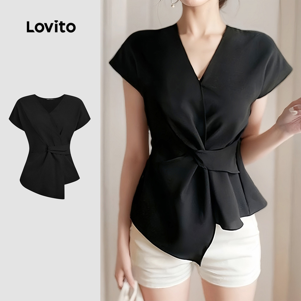 Lovito สง่างาม เสื้อเชิ้ตผู้หญิงทรงสวย ทรงไม่สมมาตร นุ่มสบาย ใส่สบาย ทรงฤดูใบไม้ผลิ/ฤดูร้อน สีดำ L137ED190