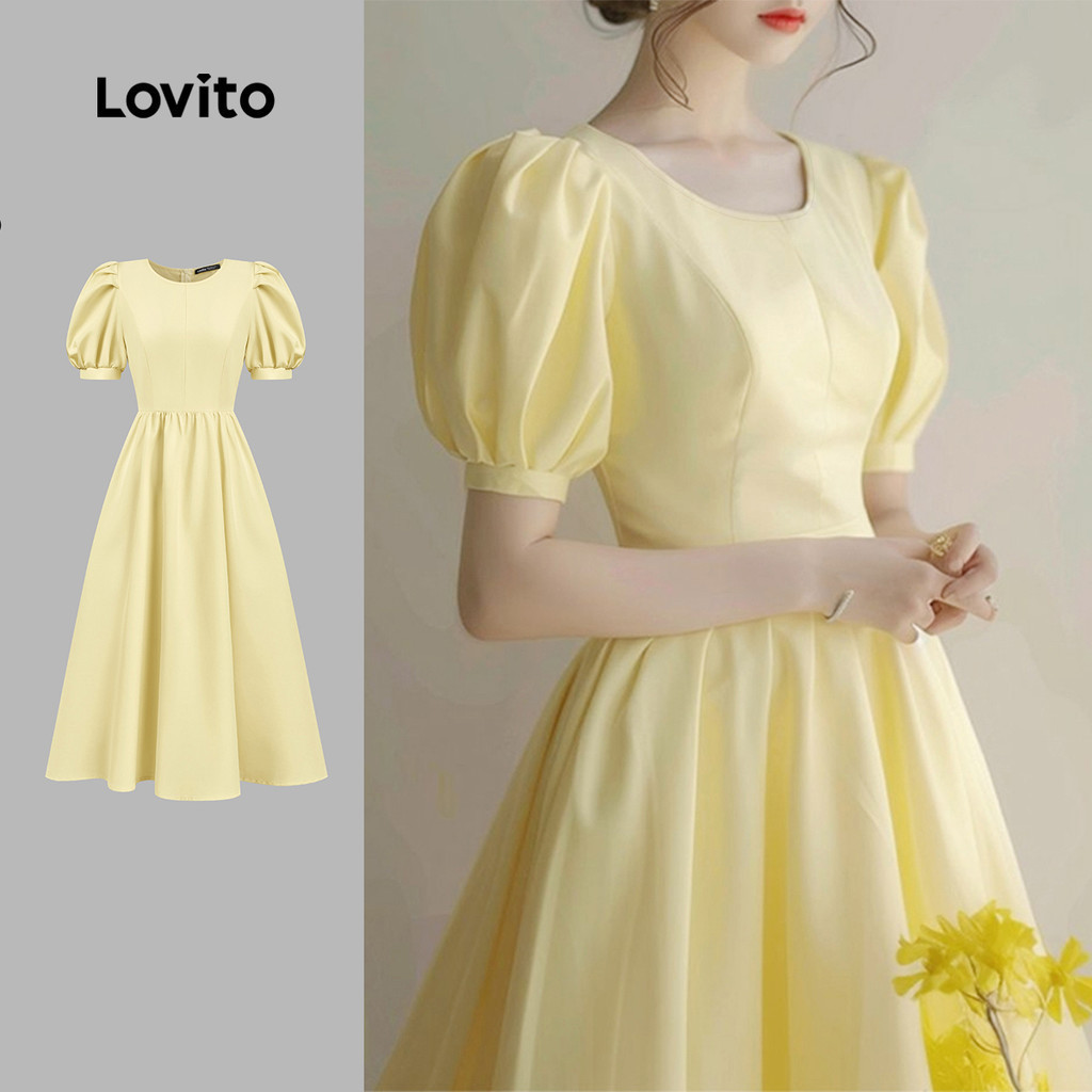 Lovito สง่างาม เดรสผู้หญิงสีเหลืองสําหรับฤดูใบไม้ผลิ/ฤดูร้อน ดีไซน์จับจีบและโครงสร้างเส้นสายสุดเรียบหรู L177ED1015