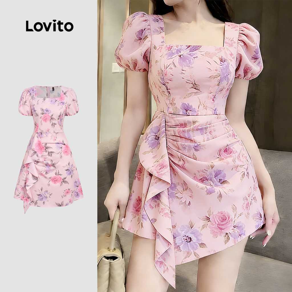 Lovito เดรสสไตล์โบโฮ เดรสสีชมพูระบายสำหรับใส่ทำงานและพักผ่อน ฤดูใบไม้ผลิ/ฤดูร้อน สำหรับผู้หญิง L189ED068