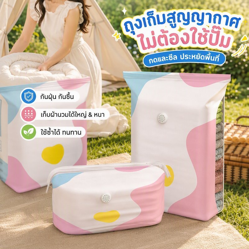 ถุงสูญญากาศแบบไม่มีปั๊ม เสื้อกันหนาว ประหยัดพื้นที่ Reusable Cube ถุงบีบอัดตู้เสื้อผ้า Organizer