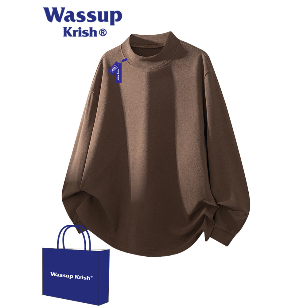 WASSUP KRISH เยอรมันกํามะหยี่ครึ่งคอสูงแขนยาวเสื้อยืดผู้ชายฤดูใบไม้ร่วง Warm ขนาดใหญ่สบายๆหลวม Botto