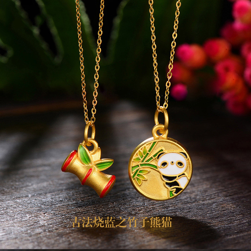 Kaivy วิธีโบราณมรดกเก่า Golden Burnt Blue Panda จี้ไม้ไผ่หมี Baby Node-rising สร้อยคอสร้อยข้อมือโอน