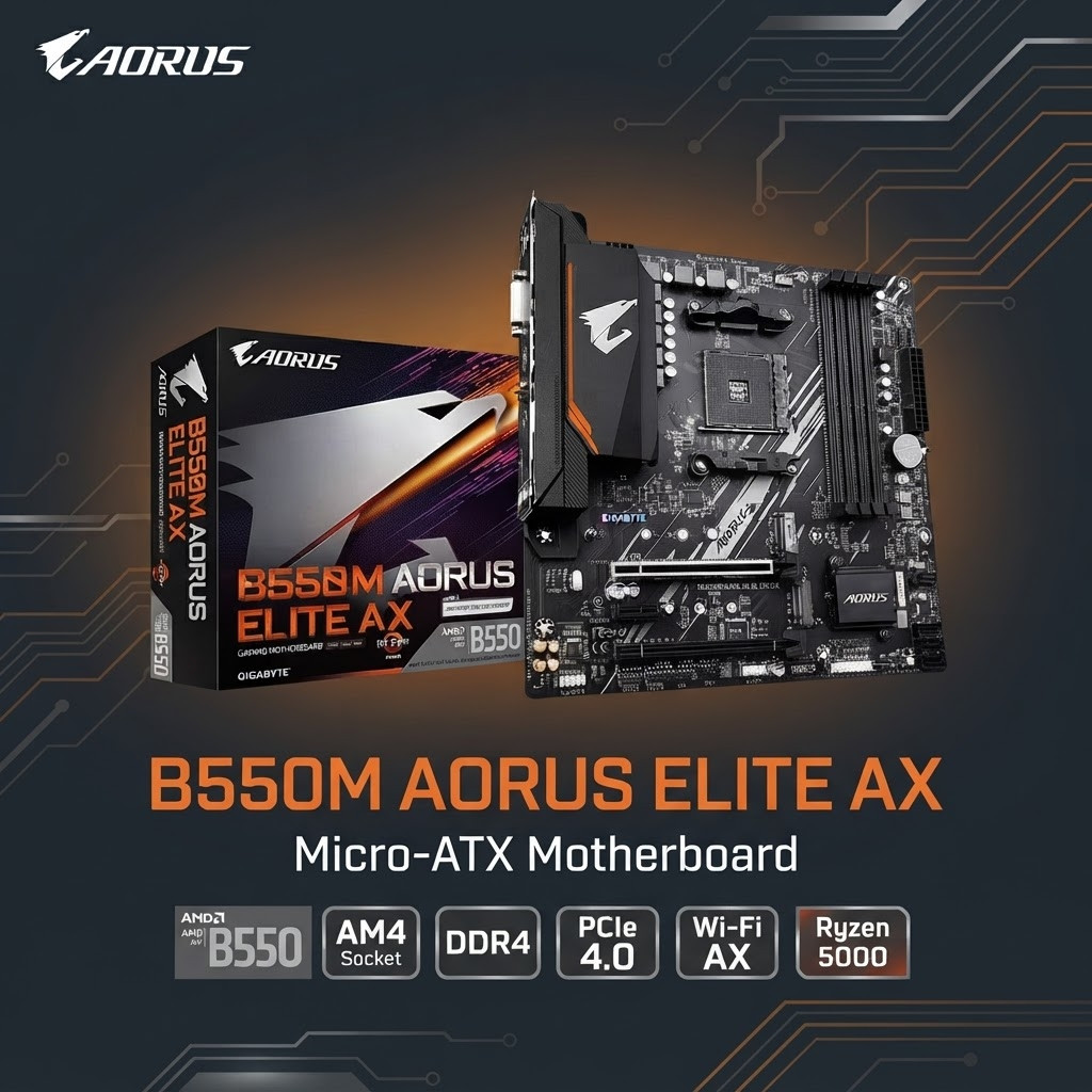 GIGABYTE B550M AORUS Elite AX Micro-ATX Motherboard AMD B550 AM4 Ryzen 5000 DDR4 PCIe 4.0 WiFi