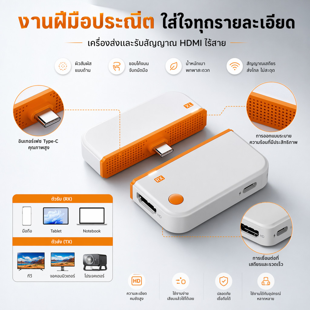 1080P HDTV เป็น Type-C HDMI ตัวรับสัญญาณไร้สาย