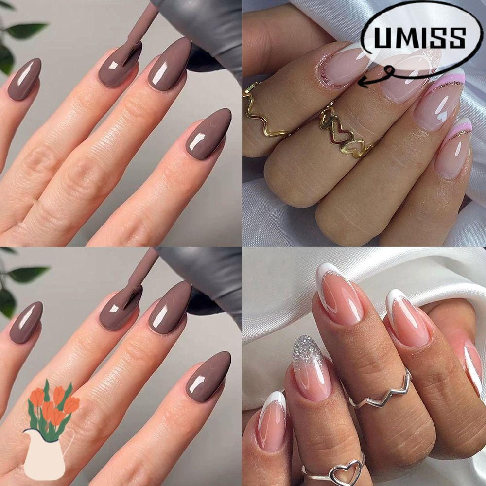 UMISS Fake Nials, Short Almond French False Nails, Nails Silver White Edge ถอดออกได้ Simple Press on