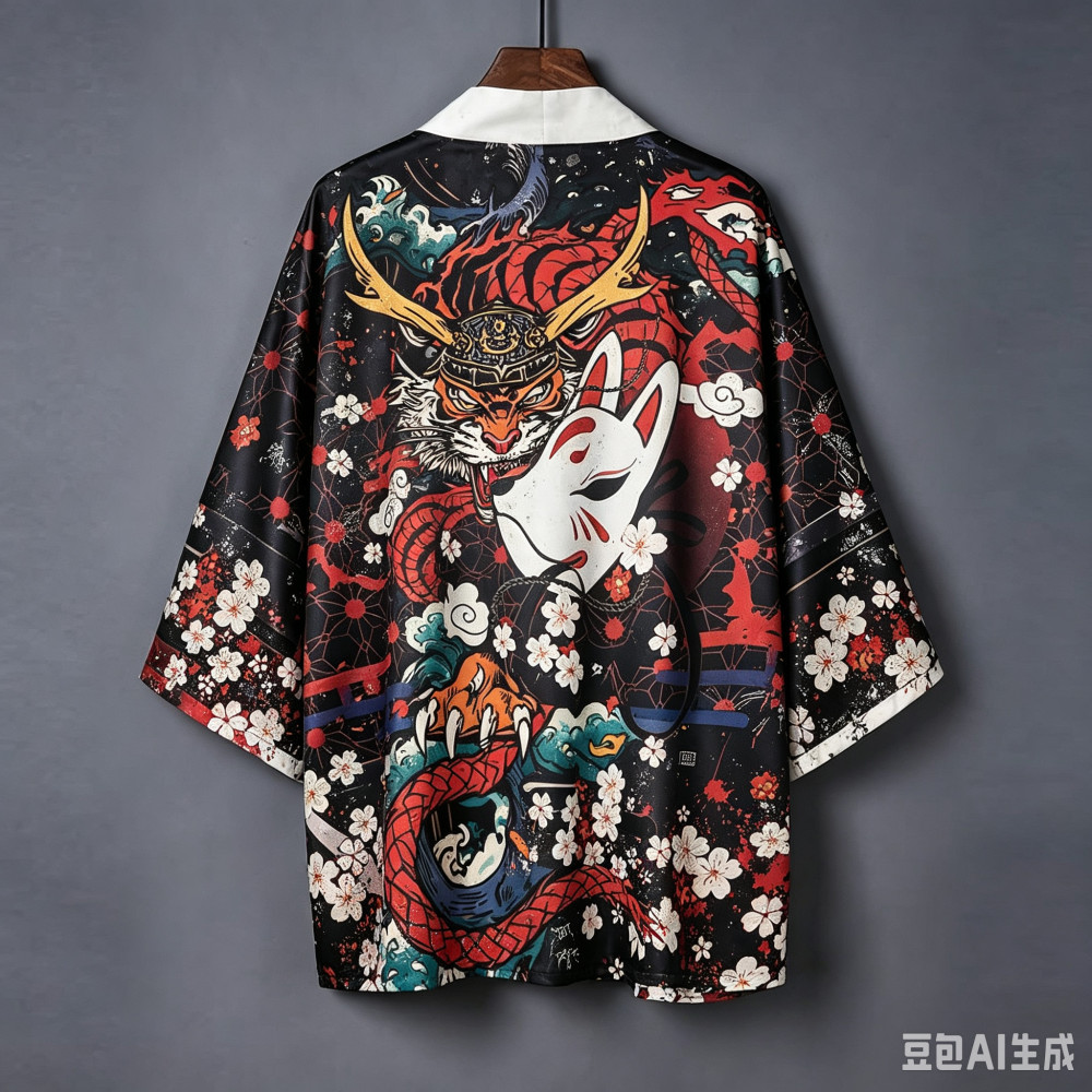 Ukiyo-e Dragon Tiger Kitsune Haori Kimono Open-Front Cardigan, Street-Style Casual Outerwear