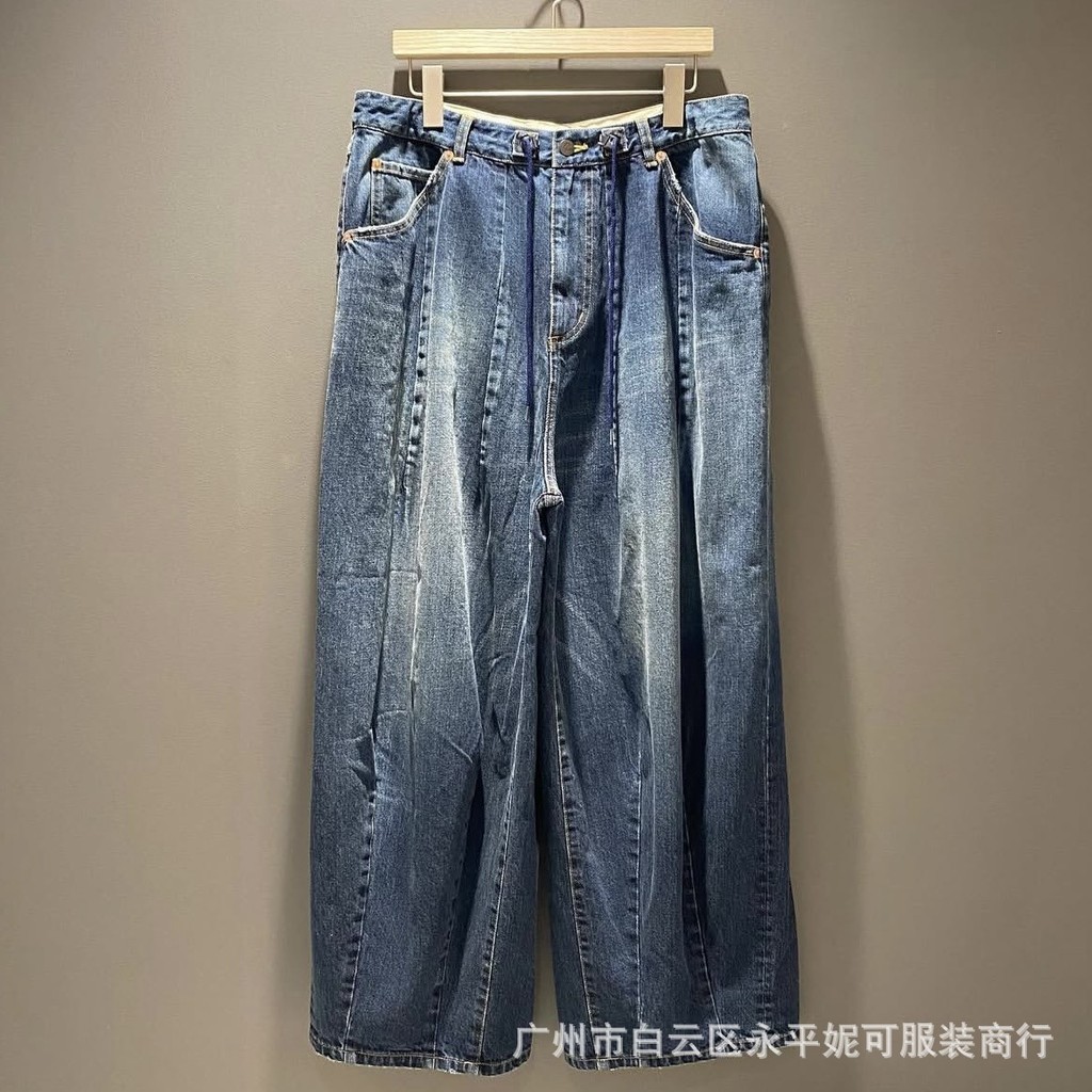 DQIG NEEDLES DENIM JEAN ผู้ชายผู้หญิง MD ญี่ปุ่นกางเกงขากว้างหลวม Retro ล้างกางเกงยีนส์