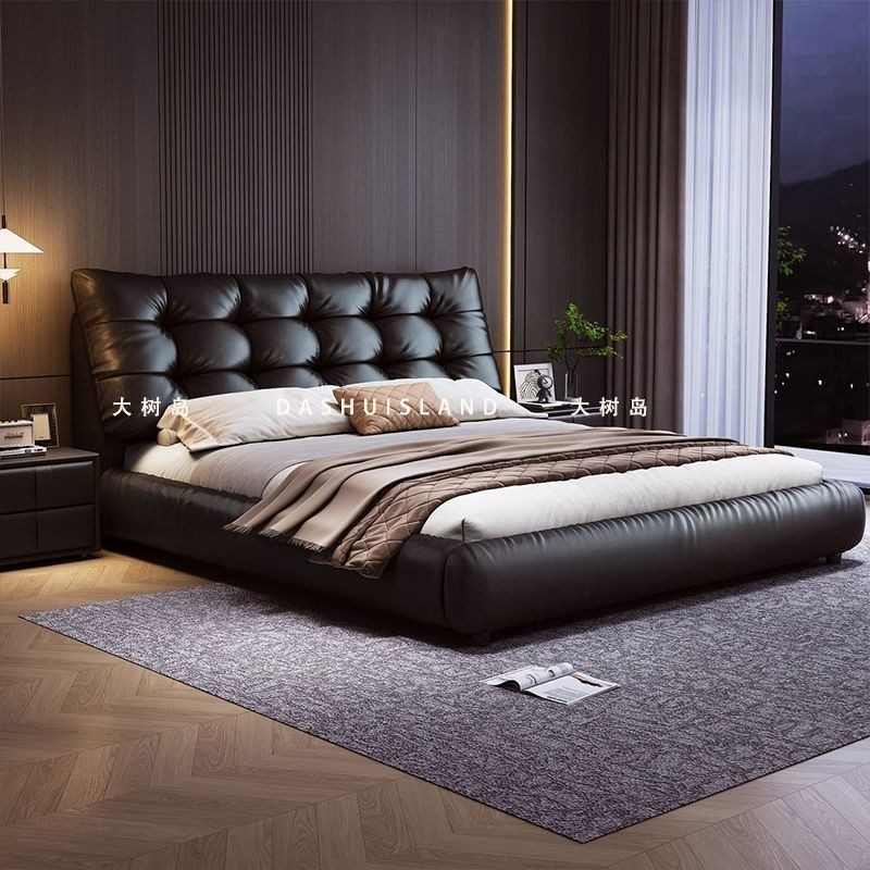 Italian Minimalist Large Black Bear Leather Bed Frame and Solid Wood Bed Frame Upholstered Storage B