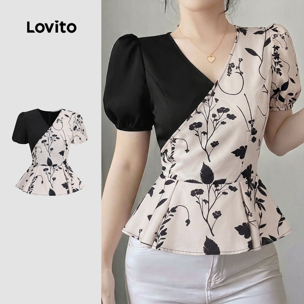 (New Arrival) Lovito เสื้อเบลาส์ลําลอง คอซิป เอียงพลิ้วไม่สมมาตร สีดํา สําหรับผู้หญิง ฤดูใบไม้ผลิ/ฤด