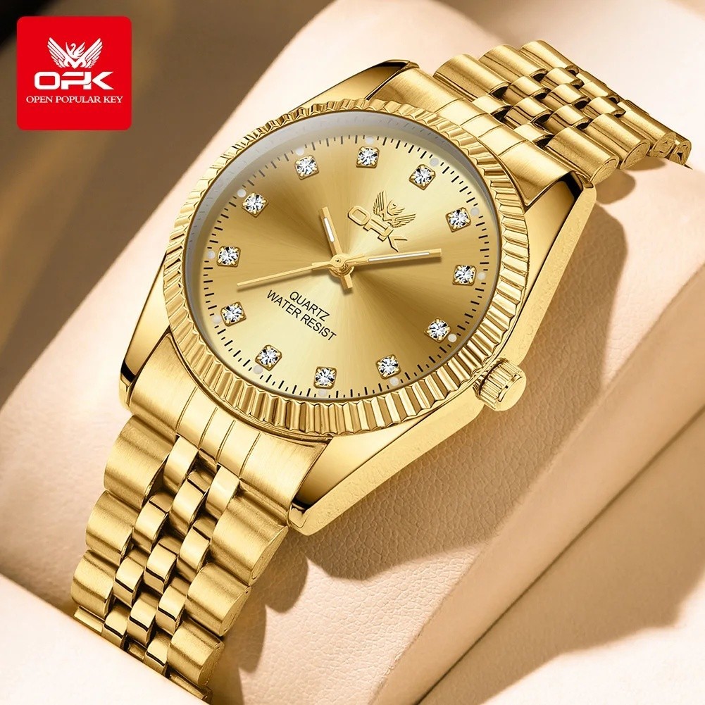 OPK 6027 Mens Quartz Golden Watch Rhinestone สแตนเลสกันน้ําแฟชั่นธุรกิจ