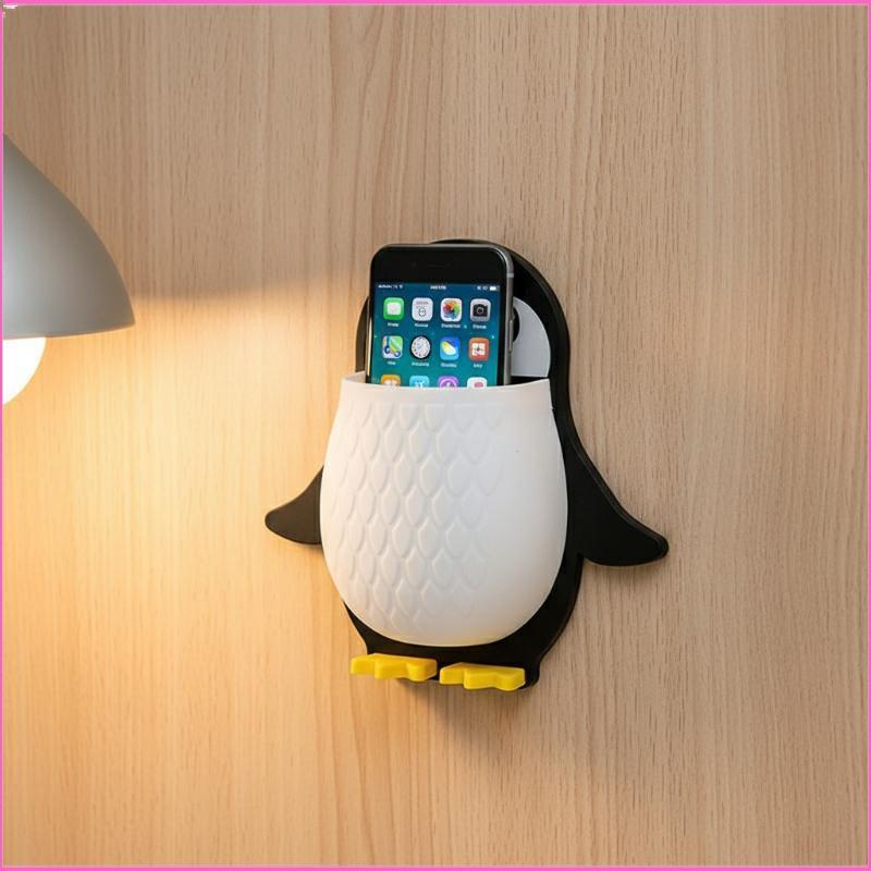 Luckyei Charming Penguin Brush Holder No-drill Wall Ra พร้อมระบายน้ําสําหรับพื้นที่โต๊ะเครื่องแป้ง T