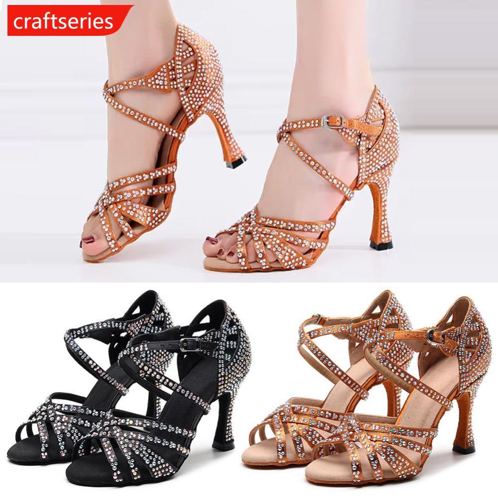CRAFTSERIES 1 คู่ผ้าไหมซาติน Rhinestone Ballroom รองเท้าเต้นรําแบบละตินผู้หญิง Cuban รองเท้าส้นสูง S