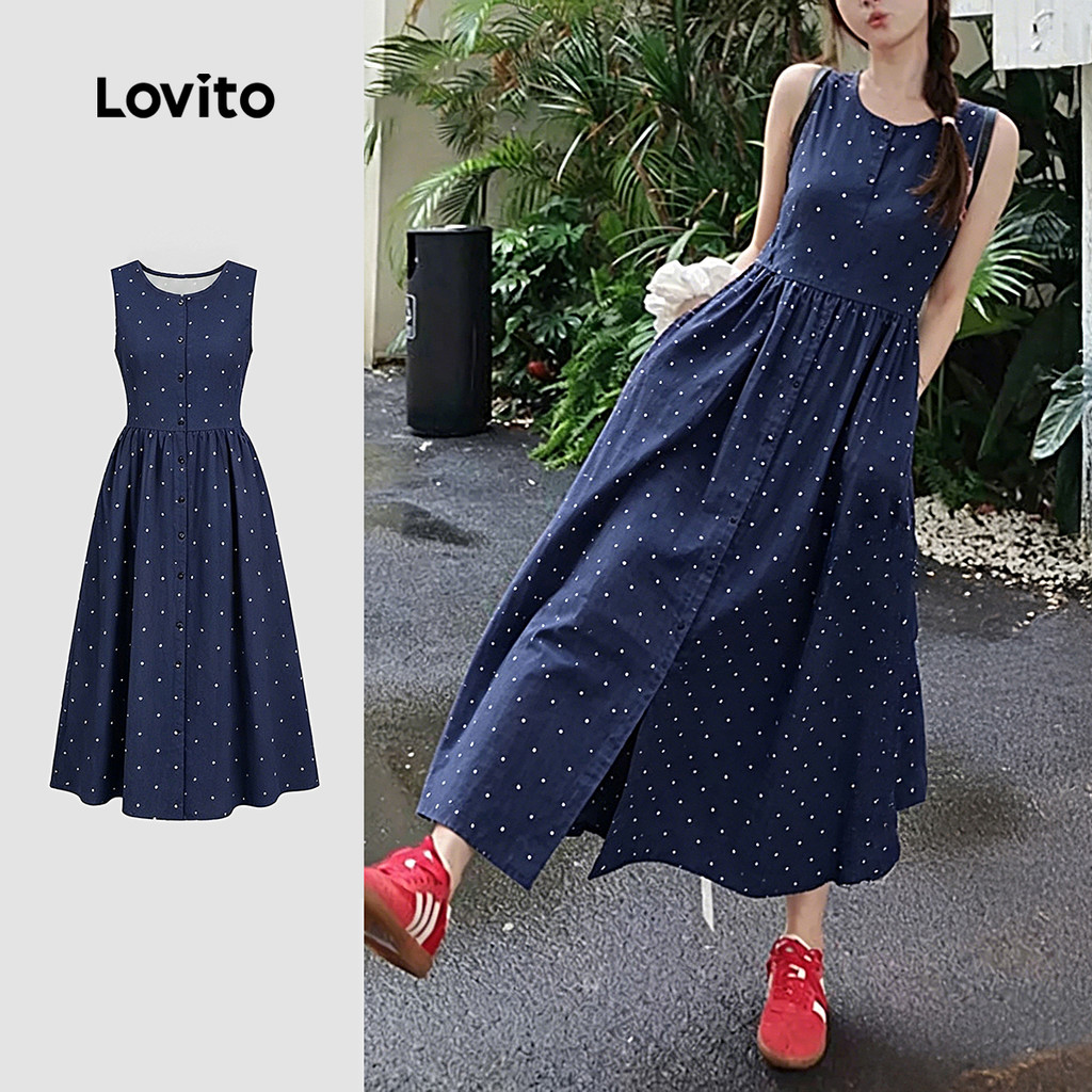 (New Arrival) Lovito ชุดเดรสลําลองสีน้ําเงินกรมท่าเรียบง่ายสําหรับผู้หญิง มีปุ่ม เหมาะสําหรับฤดูใบไม