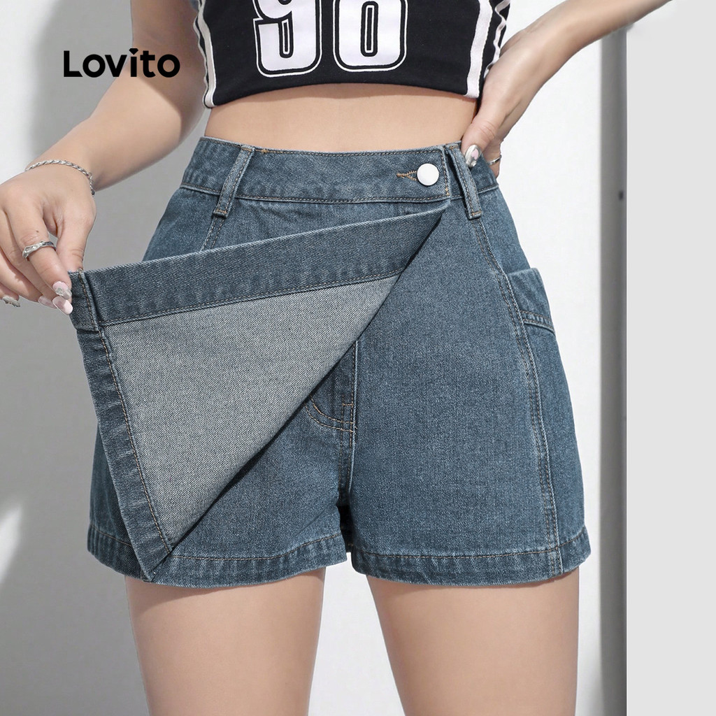 (แคชชวล) Lovito กางเกงขาสั้นยีนส์แบบสบาย ๆ พร้อมกระเป๋าห่อ ล้างแล้ว สีฟ้าฤดูใบไม้ผลิ/ฤดูร้อน L142ED447