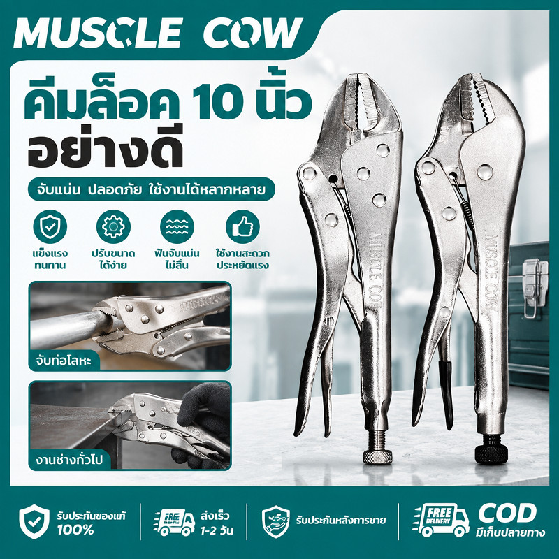 MUSCLE COW คีมล็อค 10 นิ้ว 2 แบบปากแบน/ปากโค้ง ปรับขนาดได้ จับแน่นไม่ลื่น ใช้งานซ่อมช่าง คุณภาพดี
