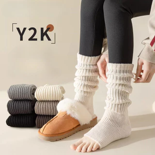 Legging ถักอุ่นเท้าสำหรับฤดูหนาว สไตล์ Lolita Y2K สีทึบ ขาอุ่น Hollowed out ป้องกันลมสำหรับผู้หญิง