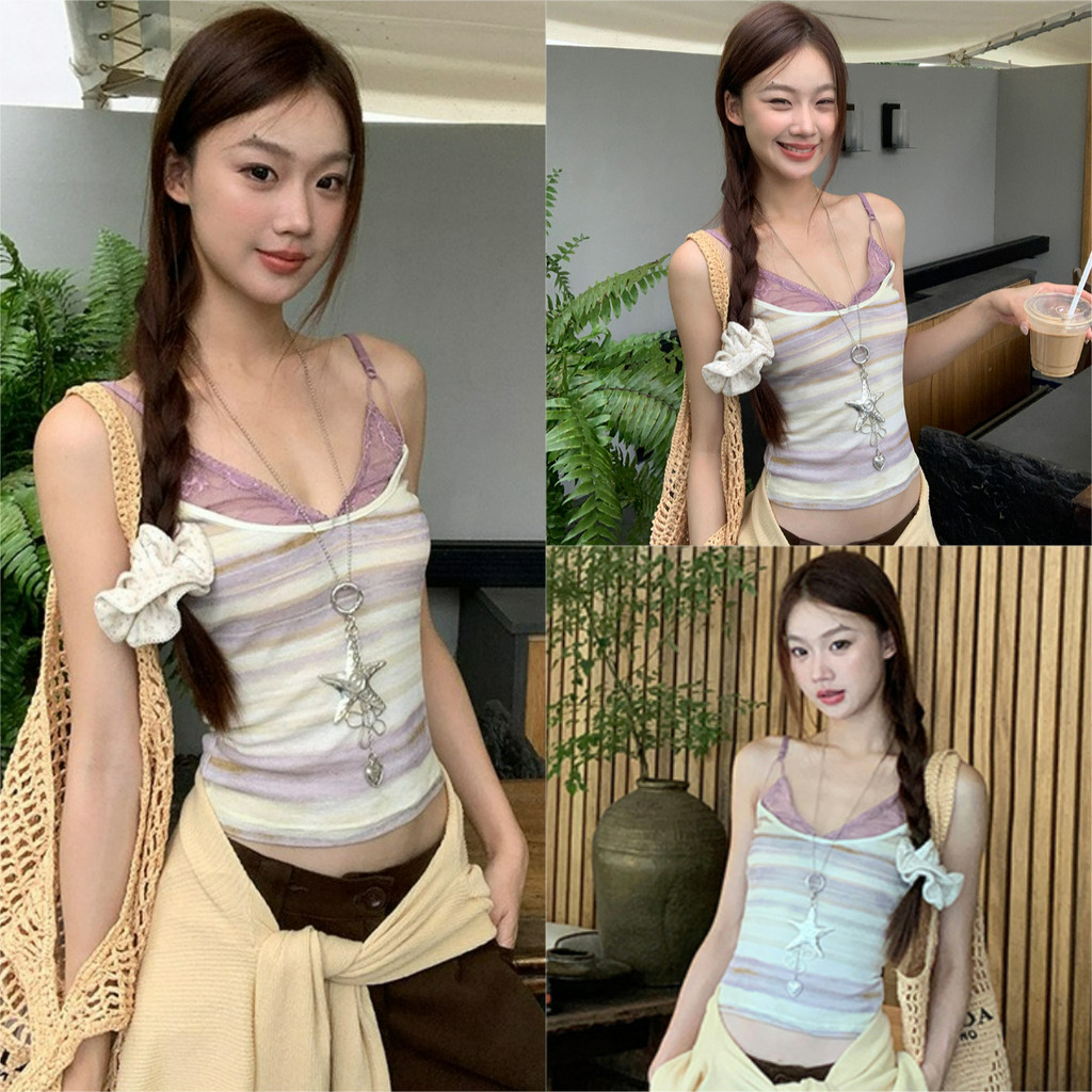 💖Miqi💖เสื้อสายเดี่ยว มีฟองน้ำ แต่งลูกไม้ รัดรูป ผ้าใส่สบาย เสื้อครอป ฤดูร้อน แฟชั่น น่ารัก#FY895