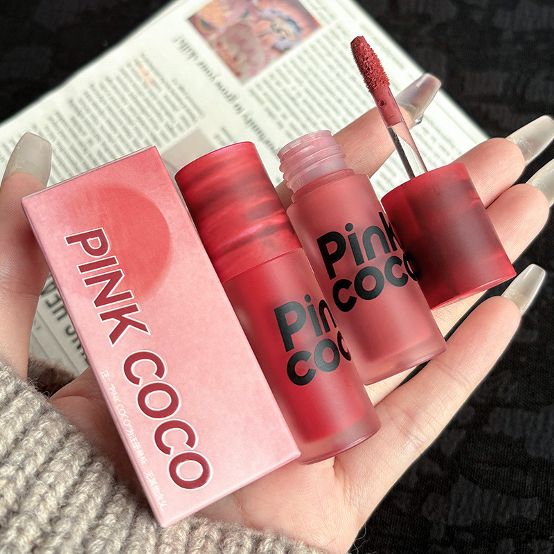 PINKCOCO Sunset Soft Yarn Lip Glaze Sunset Red Brown Matte Lip Glaze Matte Hazy Pure Desire สไตล์ลิป