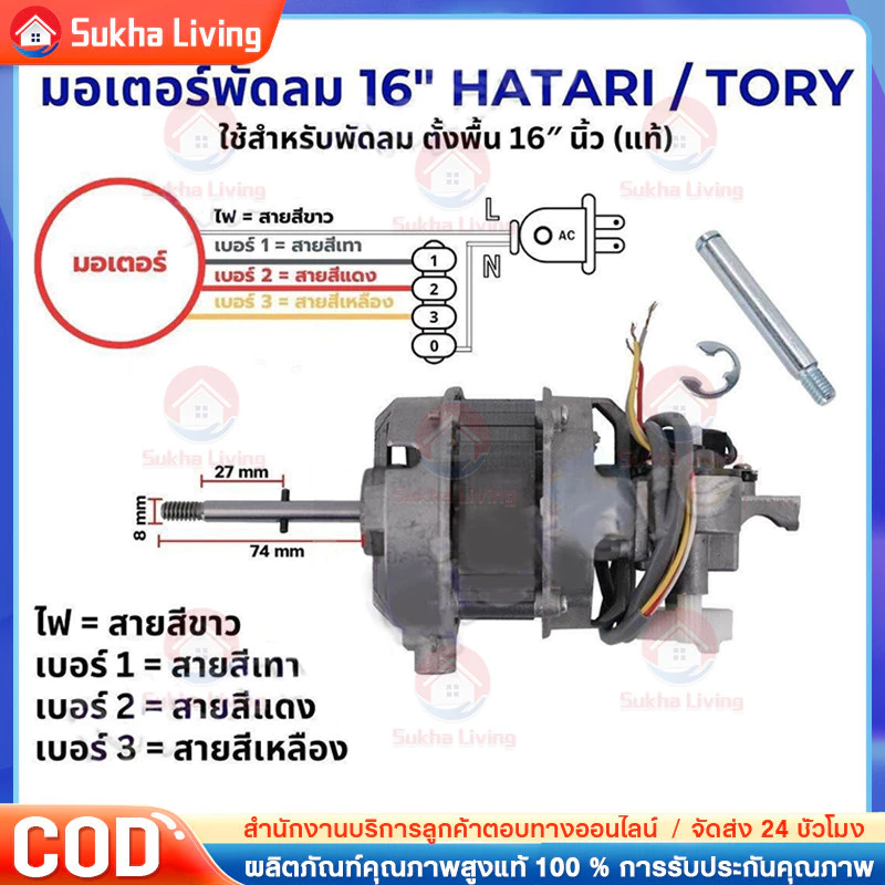 มอเตอร์พัดลม ตั้งพื้น 16″ นิ้ว HATARI ฮาตาริ ทองแดงแท้ แถม คาปาซิเตอร์ แกนคอ น็อต ปุ่มดึงส่าย ตัวล็อคใบพัดลม อะไหล่พัดลม