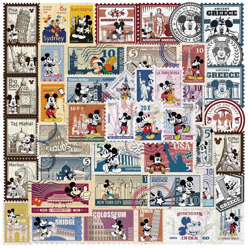 (ที่ได้รับอนุญาต) 50 ชิ้น Mickey Mouse Travelling แสตมป์ไปรษณีย์การ์ตูนสติกเกอร์กันน้ํา PVC