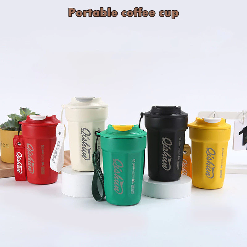 แก้วน้ำ 450ML มีฝาปิด เก็บความเย็นความร้อน แถมสายคล้อง เก็บความเย็นได้ยาวนาน24ชม. สแตนเลส พกพาสะดวก T01247