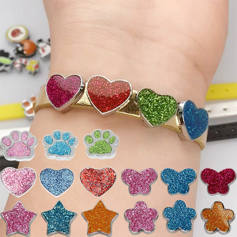 สไลด์ Charm Glitter แบบหัวใจ ผีเสื้อ และดอกไม้ ขนาด 8 มม. สำหรับสายรัดข้อมือสัตว์เลี้ยงและพวงกุญแจ