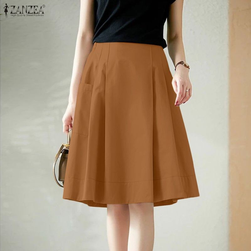 ZANZEA กระโปรงสไตล์เกาหลีสำนักงาน ดีไซน์พับปักที่เอว A-Line Hem — صورة 4