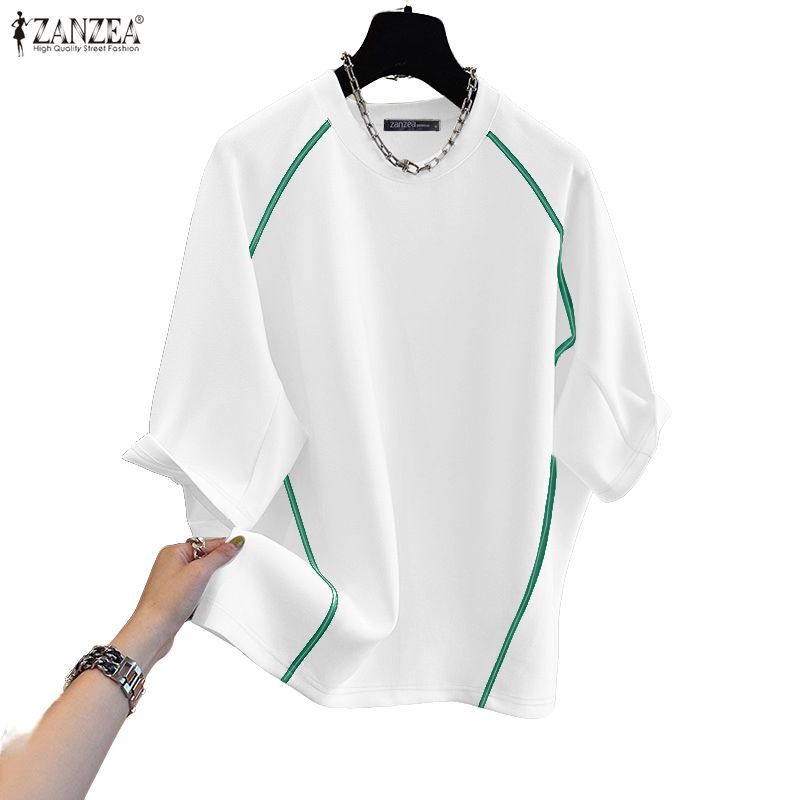 ZANZEA เสื้อยืดหลวมแขนสามส่วนสไตล์คอลูกเรือ สำหรับสตรี ราคา ถูกที่สุด ดีลบีเคเค