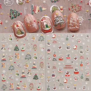 HAMA เล็บนูนสติกเกอร์เล็บคริสต์มาสการ์ตูน Santa Claus ต้นคริสต์มาสเกล็ดหิมะดอกไม้ไฟฝรั่งเศสประณีตสติกเกอร์ตกแต่ง Decals วันหยุดเล็บ