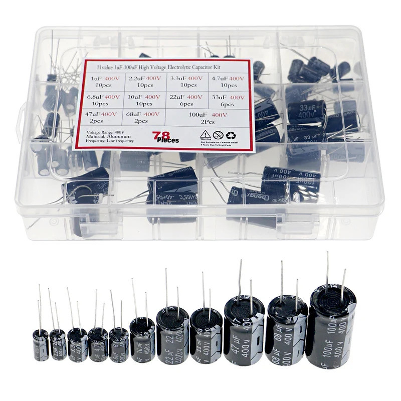 78 ชิ้น 11 ค่า 1uF -100uF 400V แรงดันไฟฟ้าอลูมิเนียม Electrolytic Capacitor Assortment Box Kit