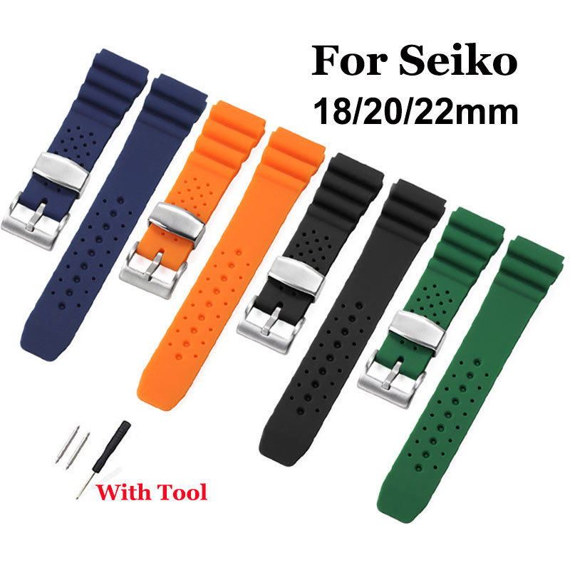 สายนาฬิกาซิลิโคน 18 มม.20 มม.22 มม.สายนาฬิกายางสําหรับ Seiko 5 เต่า SKX007 SKX009 สําหรับ Prospex ดําน้ํา Diver สร้อยข้อมือผู้หญิงผู้ชาย Watchband สีดําสีฟ้าสีเขียวเข็มขัดข้อมือ
