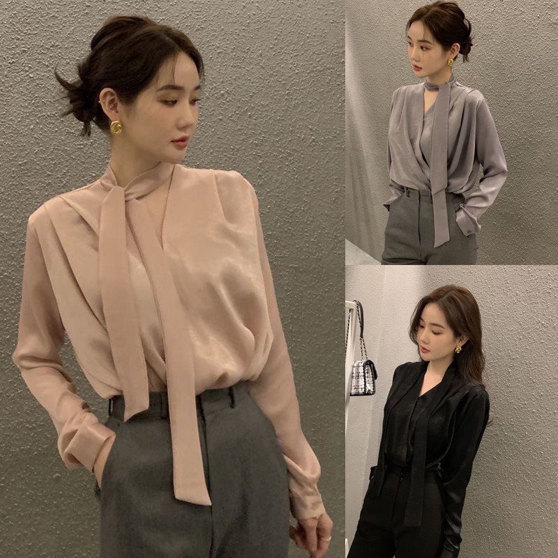 Dahong 99238  เสื้อเชิ๊ตแขนยาวผ้าไหมอิตา เสื้อผ้าผู้หญิงเชิ้ต ทำงานแฟชั่น แขนยาว สีพื้น แฟชั่นเกาหลี