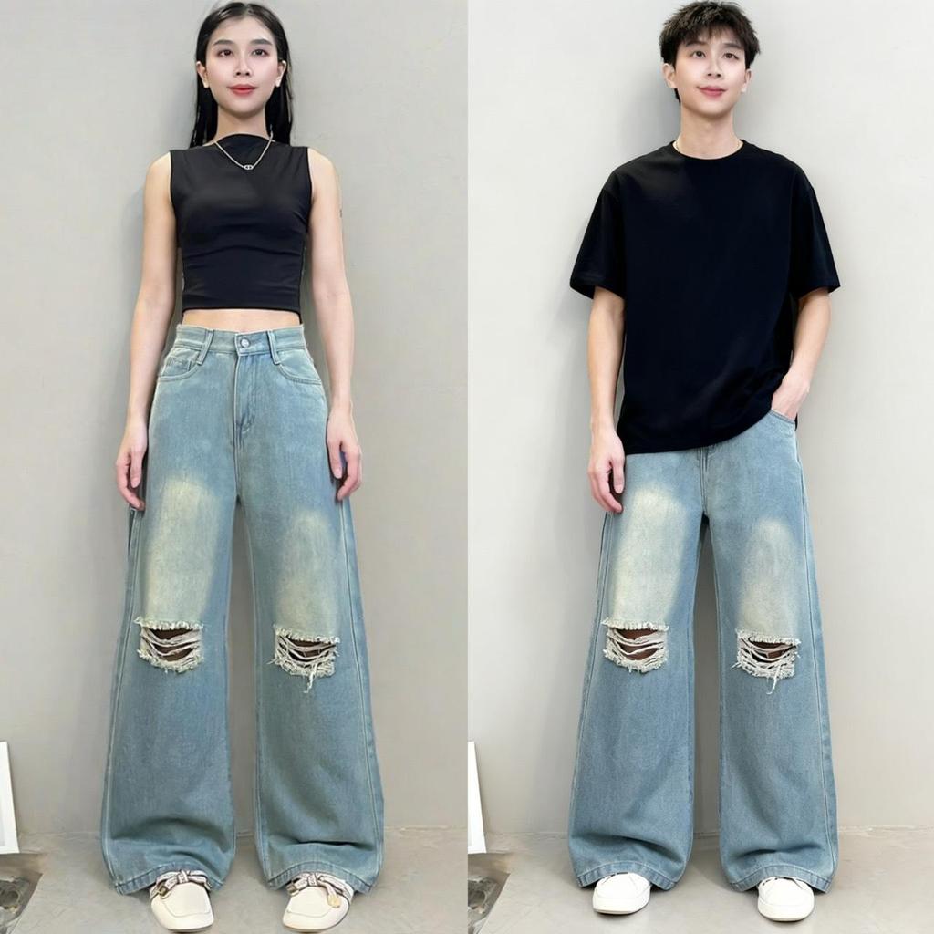 MAXJEANSกางเกงยีนส์เอวสูงทรงกระบอก สีวินเทจฟอกเก่า แต่งขาดเข่า 68001 – โปรปัง