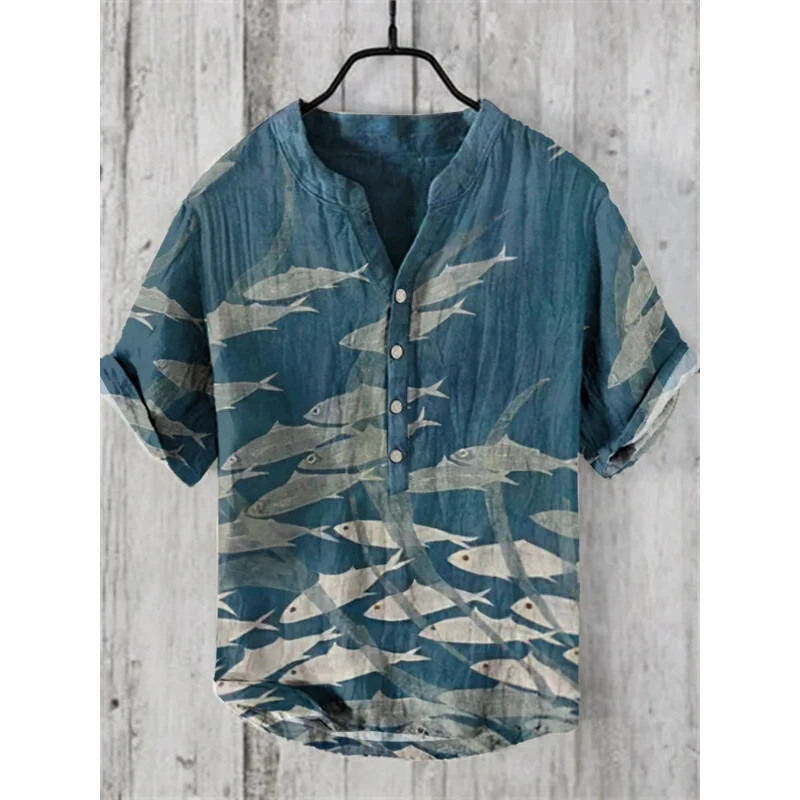 เสื้อเชิ้ตสไตล์ฮาวาย ผ้าลินิน ลายปลามีให้เลือกทั้งขนาดผู้ชายและผู้หญิง เหมาะสำหรับใส่ลำลอง