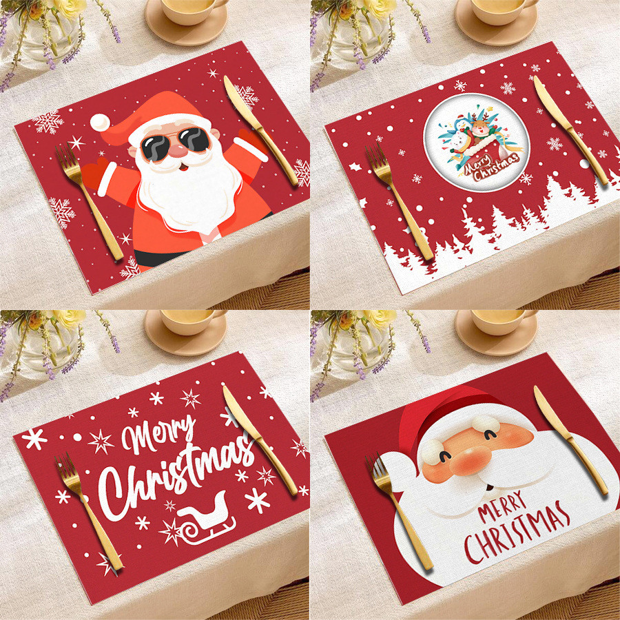 ใหม่ Santa Hemp Placemat ร้านอาหารสี่เหลี่ยมตกแต่ง Nordic Holiday Festive Elk ตาราง Mat