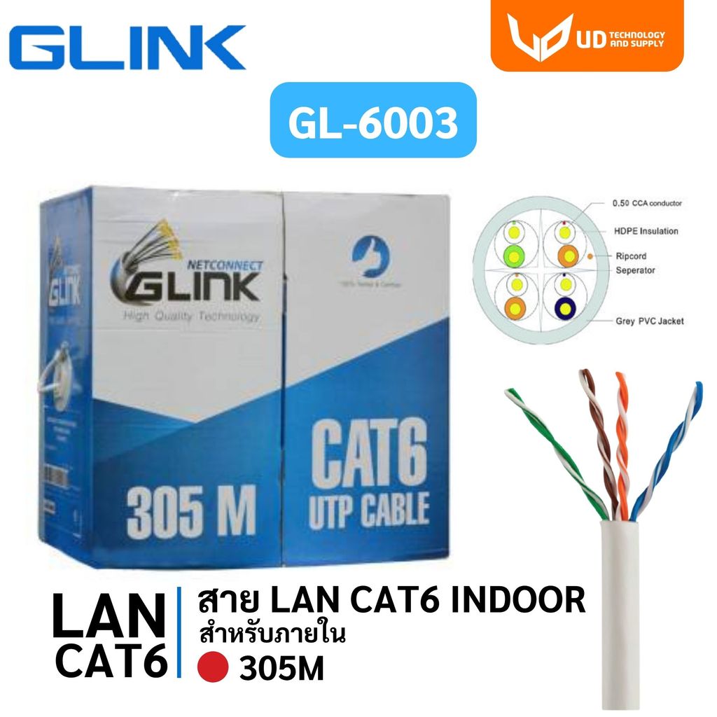 Glink สายแลน CAT6 UTP Cable GL6003 / GL-6003 (305m./Box) สำหรับภายในอาคาร สายสีขาว **พร้อมส่ง**